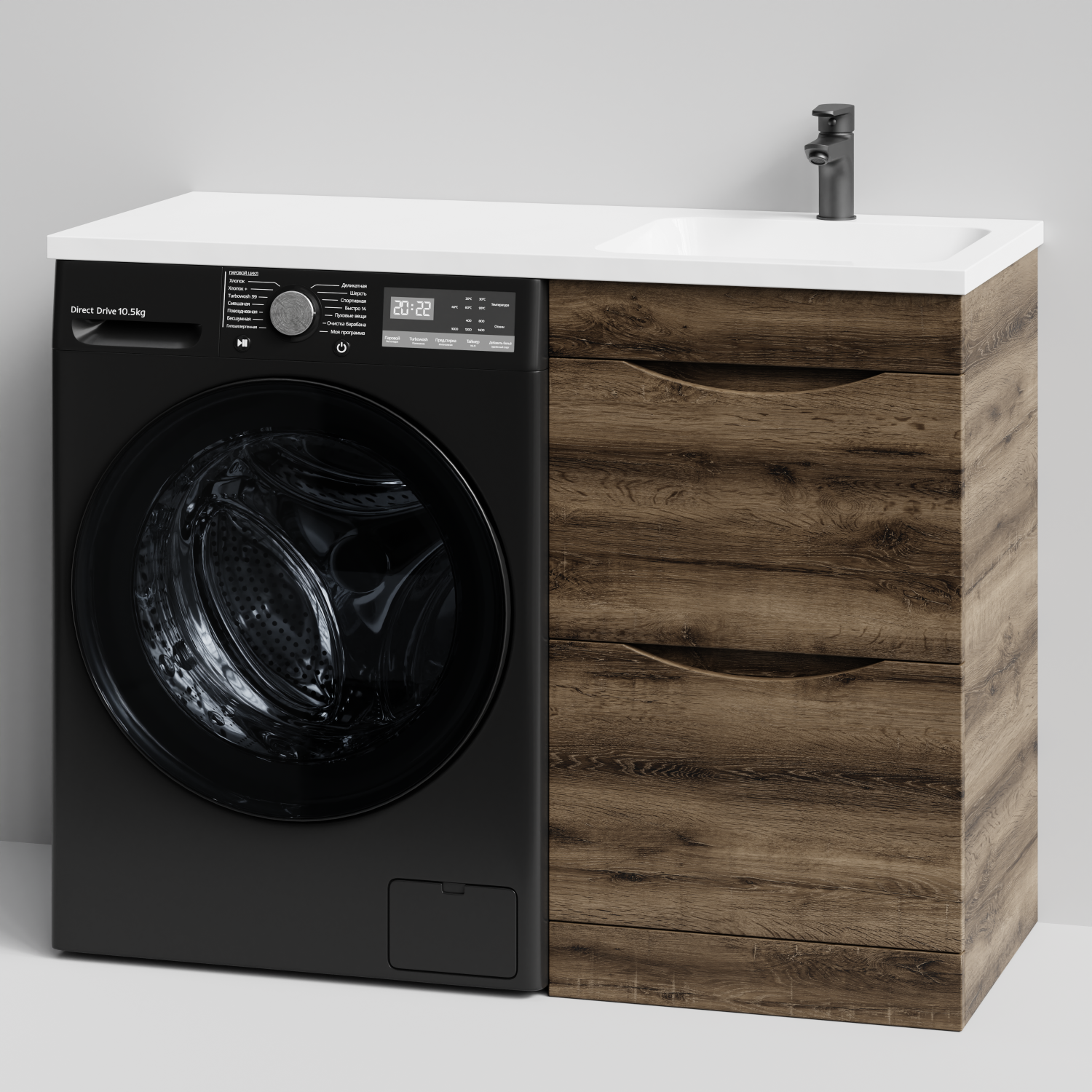 Тумба Vod-ok 48 с раковиной Смайл 110 напольная, под стиральную машину, правая, Дуб крымский коричневый