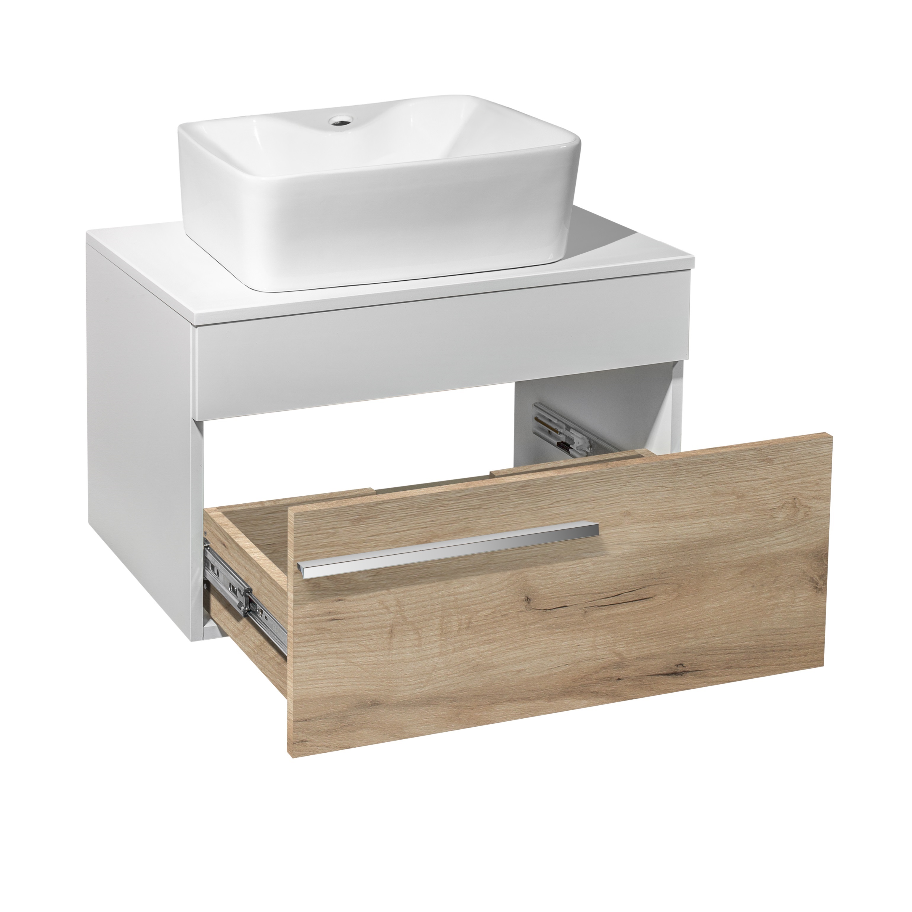 Тумба подвесная Runo Вудлайн 65 крафтовый дуб/белый под накладную раковину