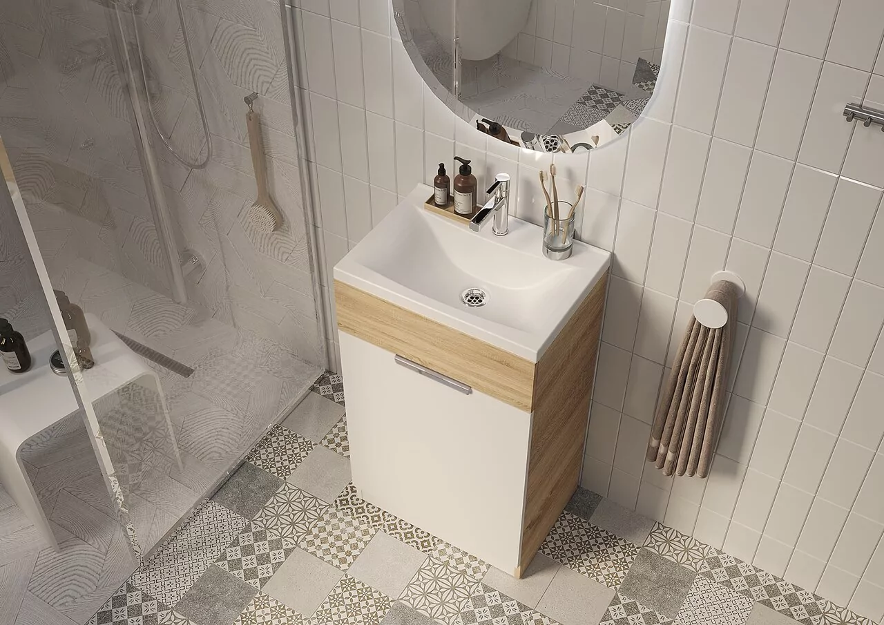 Тумба с раковиной напольная 1Marka Revo 50Н, 1 дверь, белый/дуб сонома