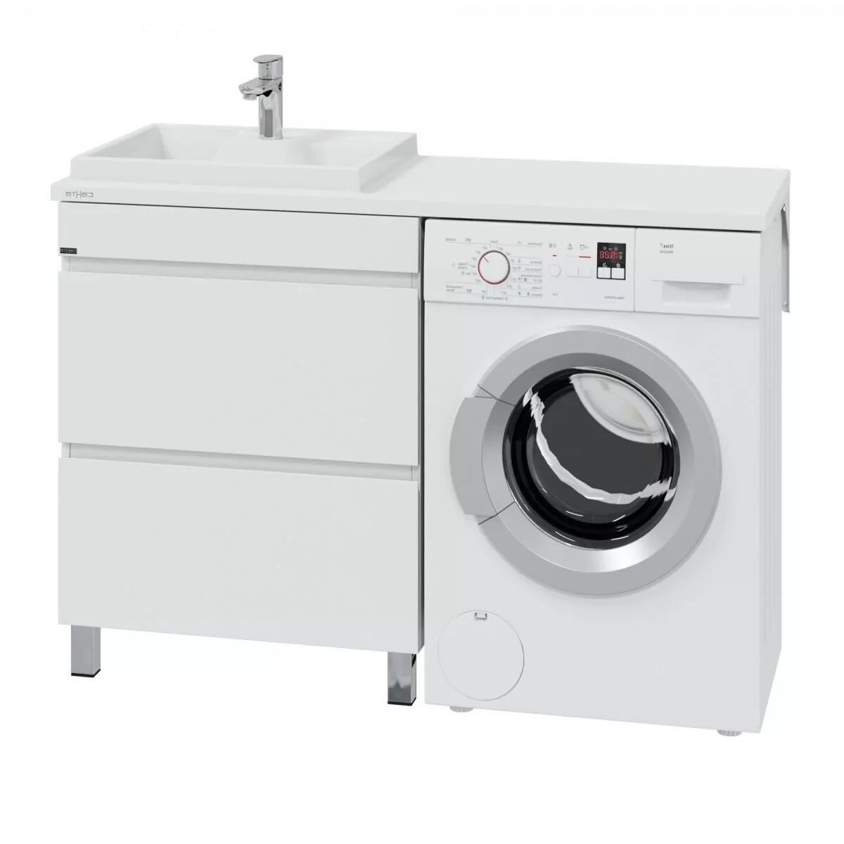 Тумба напольная Санта Марс 68 с раковиной Юпитер 1300 под стиральную машину, 2 ящика, левая, белая