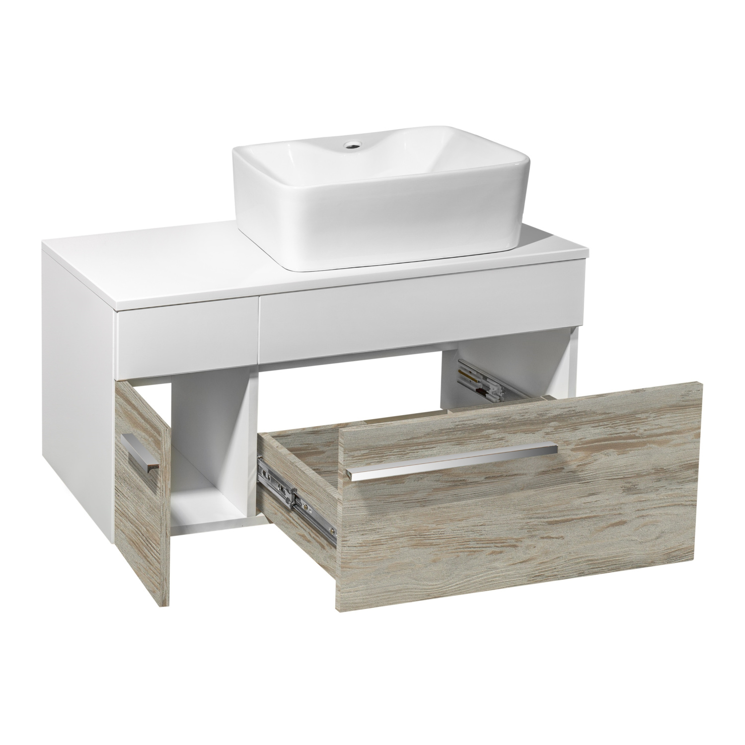 Тумба подвесная Runo Вудлайн 85 скандинавский дуб/белый под накладную раковину