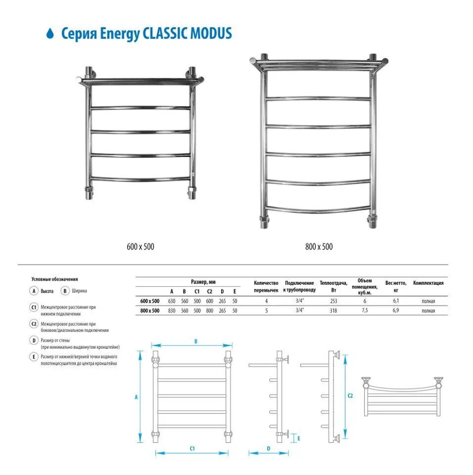 Полотенцесушитель водяной Energy Classic Modus с полкой 800x500 хром