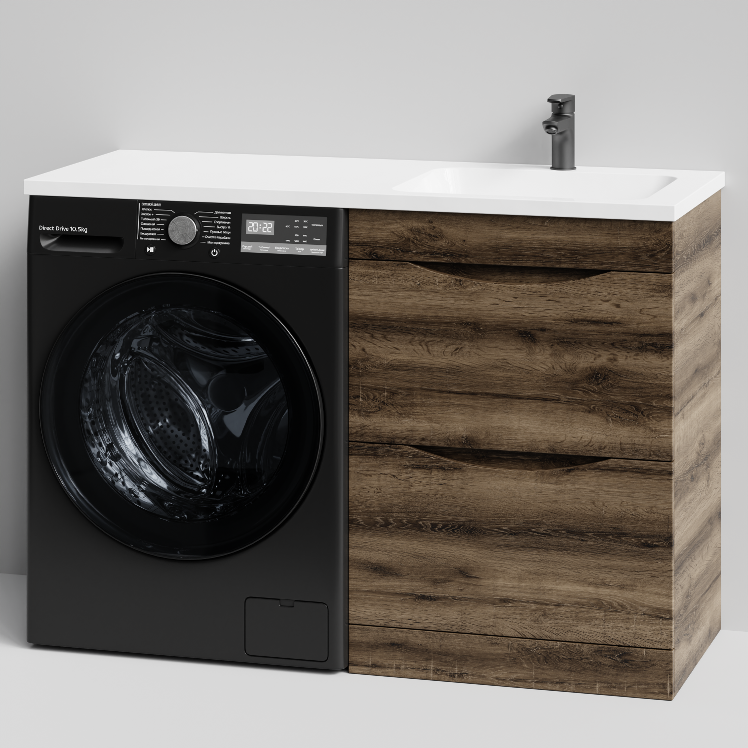Тумба Vod-ok 58 с раковиной Смайл 120 напольная, под стиральную машину, правая, Дуб крымский коричневый