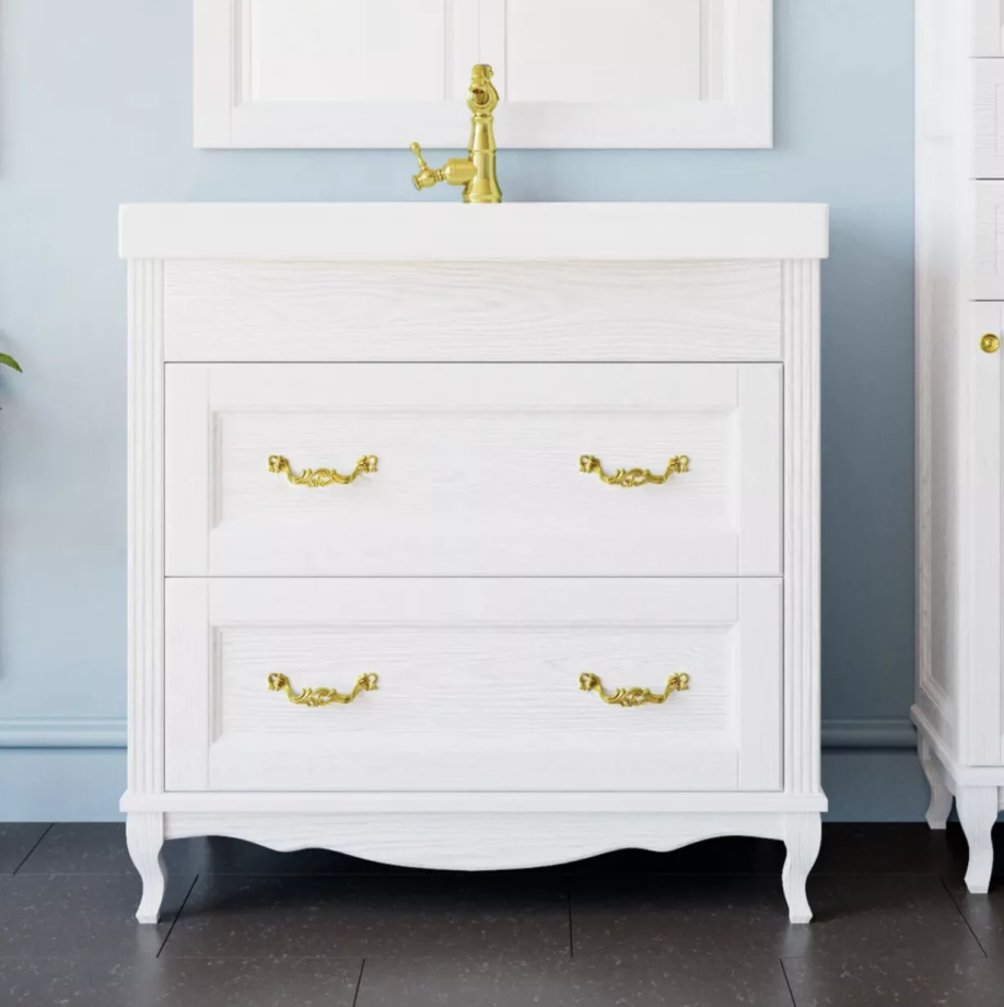 Тумба напольная ValenHouse Лиора 90 с раковиной Грэйс 90, 2 ящика, белый, золото