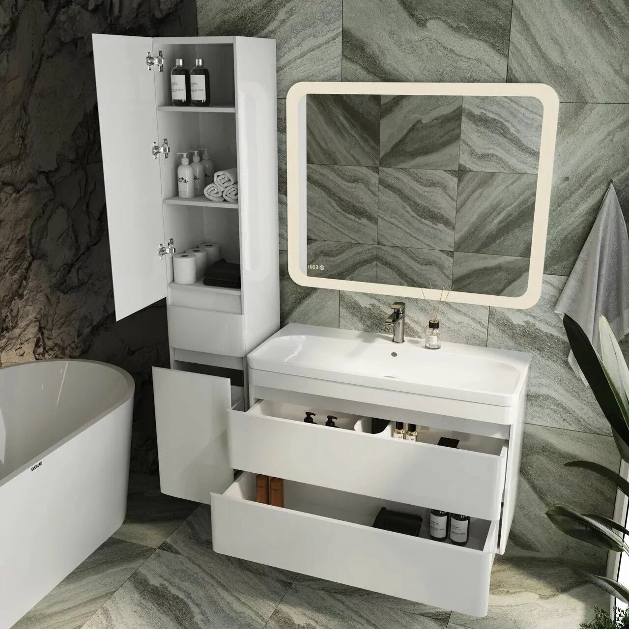 Мебель для ванной Style Line Атлантика подвесная 100 Plus Люкс комплект, антискрейч, белый матовый Мебель для ванной Style Line Атлантика подвесная 100 Plus Люкс комплект, антискрейч, белый матовый