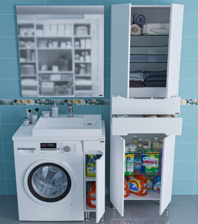 Тумба напольная Санта Лондон 19 с раковиной Юпитер 80х50 под стиральную машину правая, белая