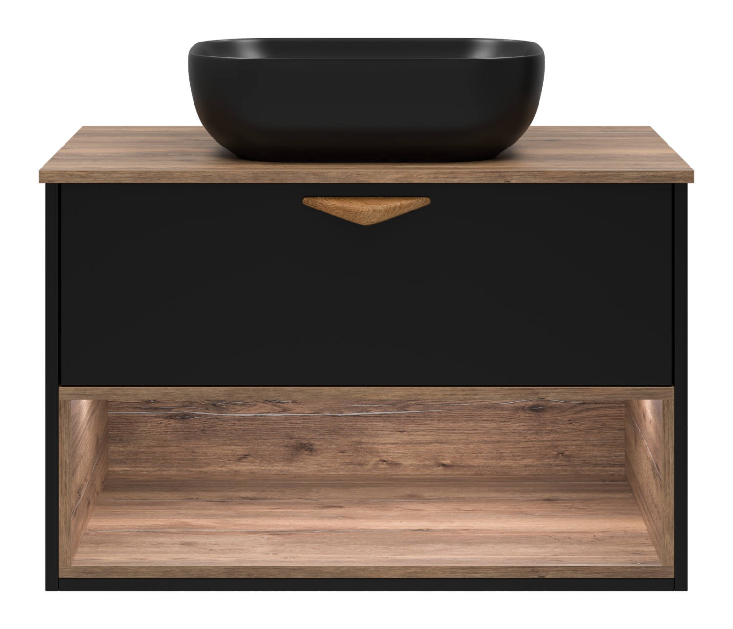 Тумба с раковиной Brevita Bergen 80 с подсветкой подвесная, черный/дуб галифакс