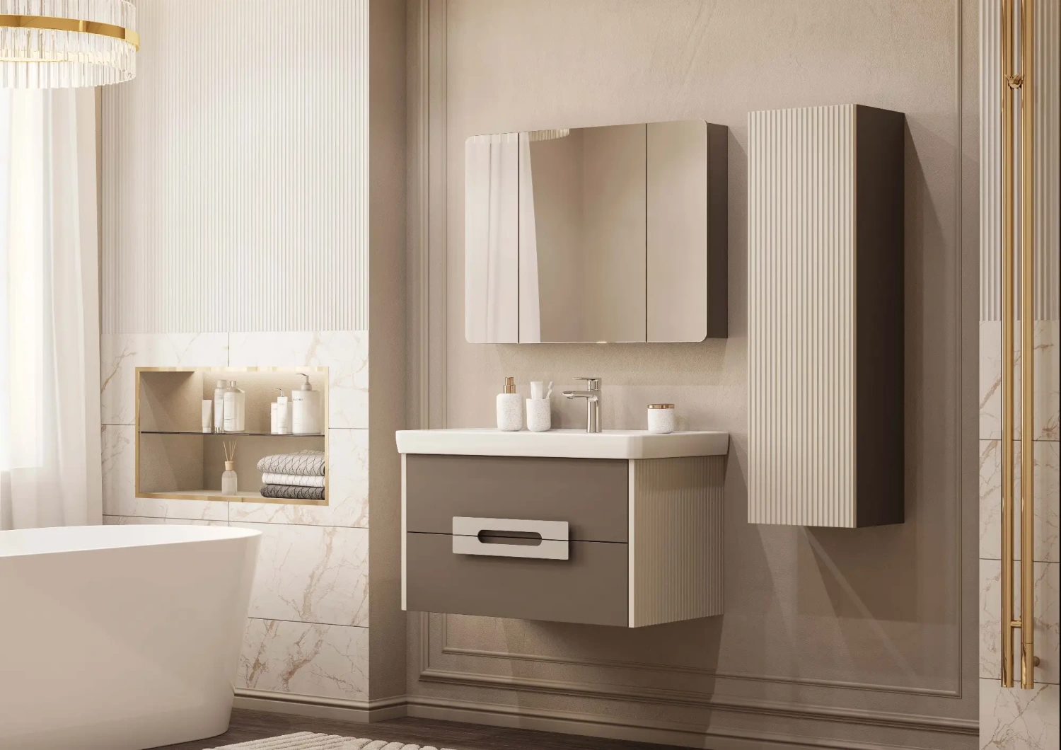 Тумба подвесная Aquaton Ар-Деко 65 с раковиной Нео 65, 2 ящика, кашемир