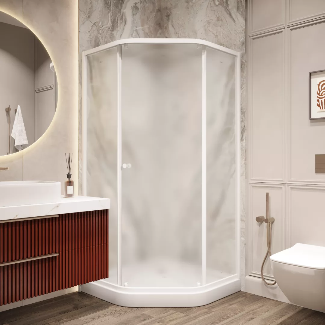 Душевой уголок Parly ZEP91FR пятиугольный, с низким поддоном, матовое стекло, белый