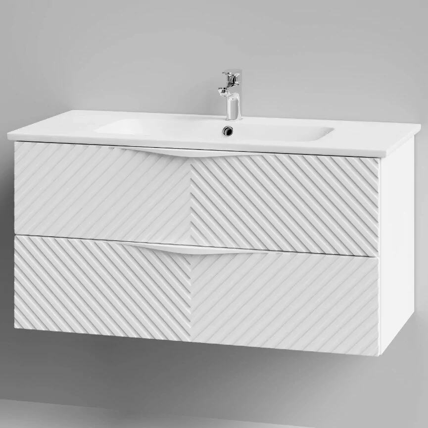 Тумба с раковиной Vod-ok Elite Эйфория 100 F4 елка крупная с ручкой, подвесная, два ящика, белый матовый