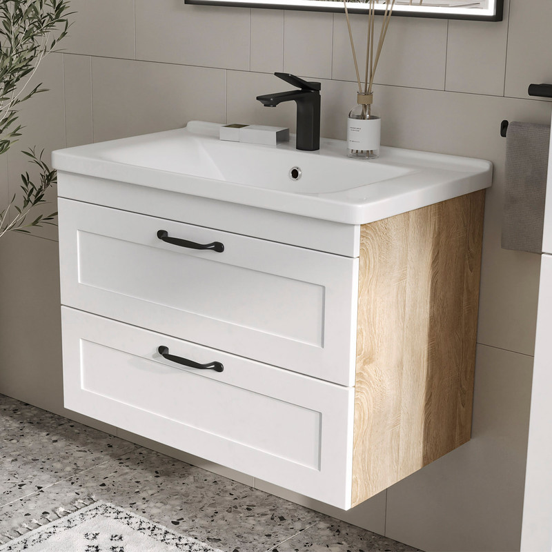 Тумба с раковиной EQUIL Lago 80 подвесная, 2 ящика, белый/дуб сонома
