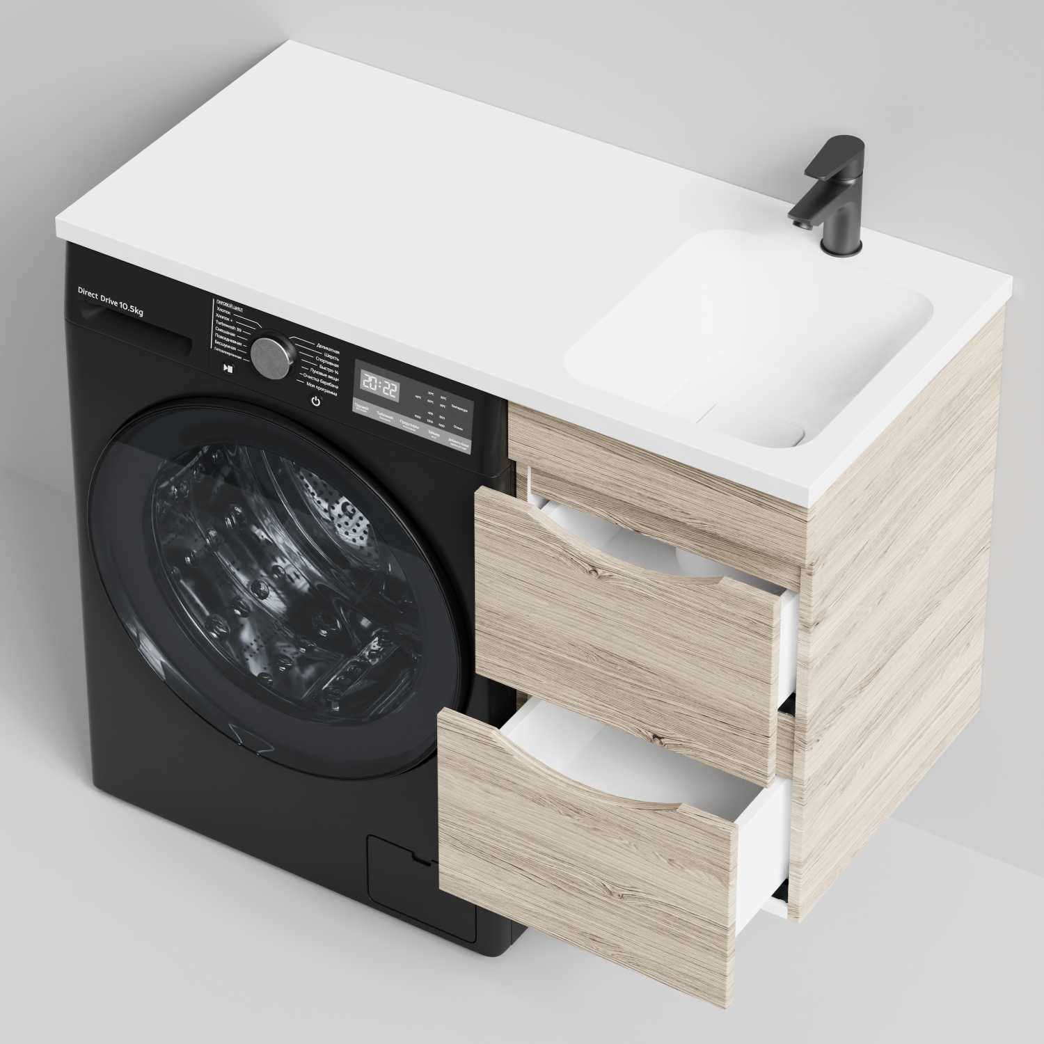 Тумба Vod-ok 38 с раковиной Смайл 100 подвесная, под стиральную машину, правая, Дубослив ореховый светлый