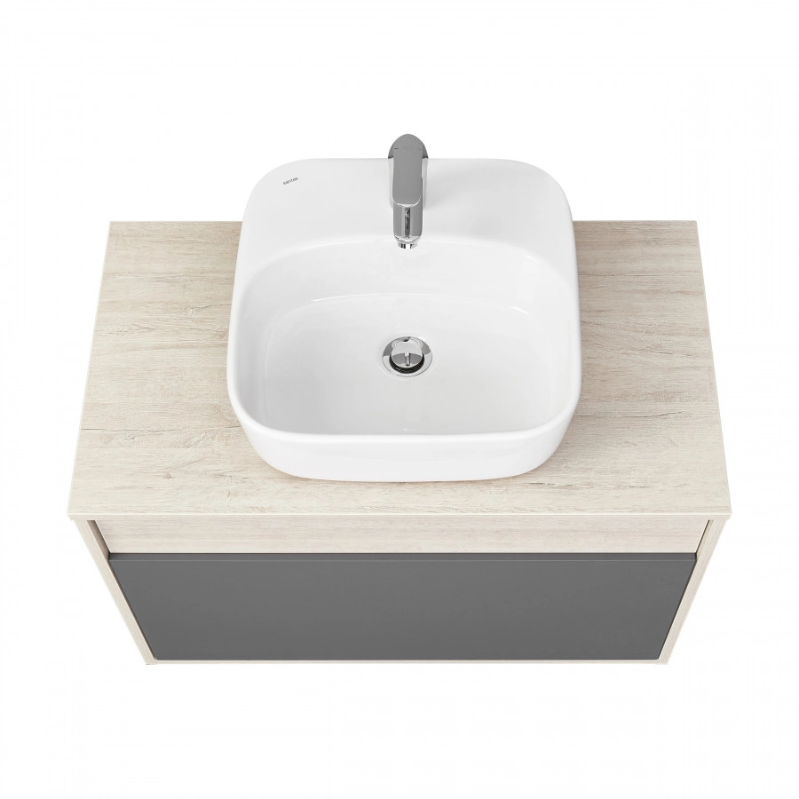 Тумба подвесная Aquaton Лофт Урбан 80 с раковиной Одри 40х42 Soft, серый графит, дуб орегон