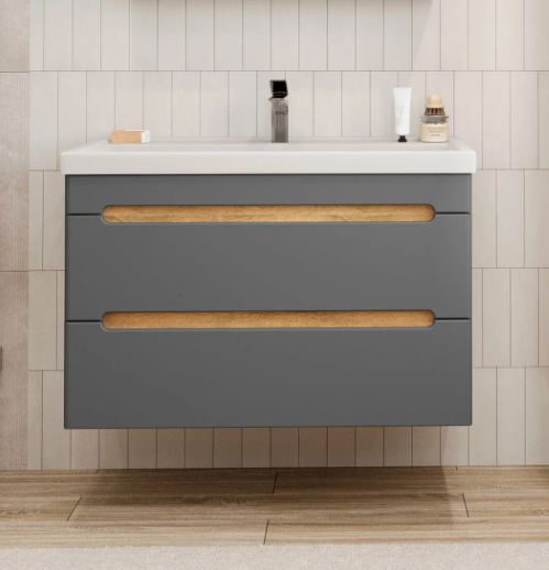 Тумба подвесная SanStar Diva 100 с раковиной Фостер 100, дуб вотан, графит софт