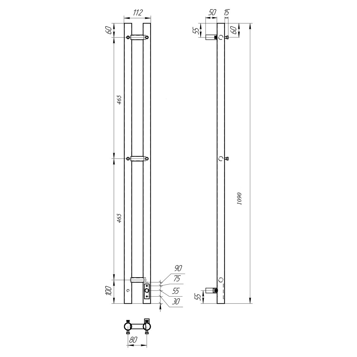 Полотенцесушитель электрический APEXTERMO Luna LN10111GF 1100x80 с крючками, графит металлик