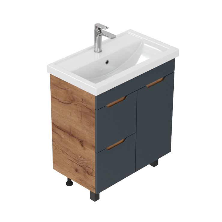 Тумба напольная Onika Айленд с раковиной Адриана 80 графит/дуб крафт золотой, с корзиной