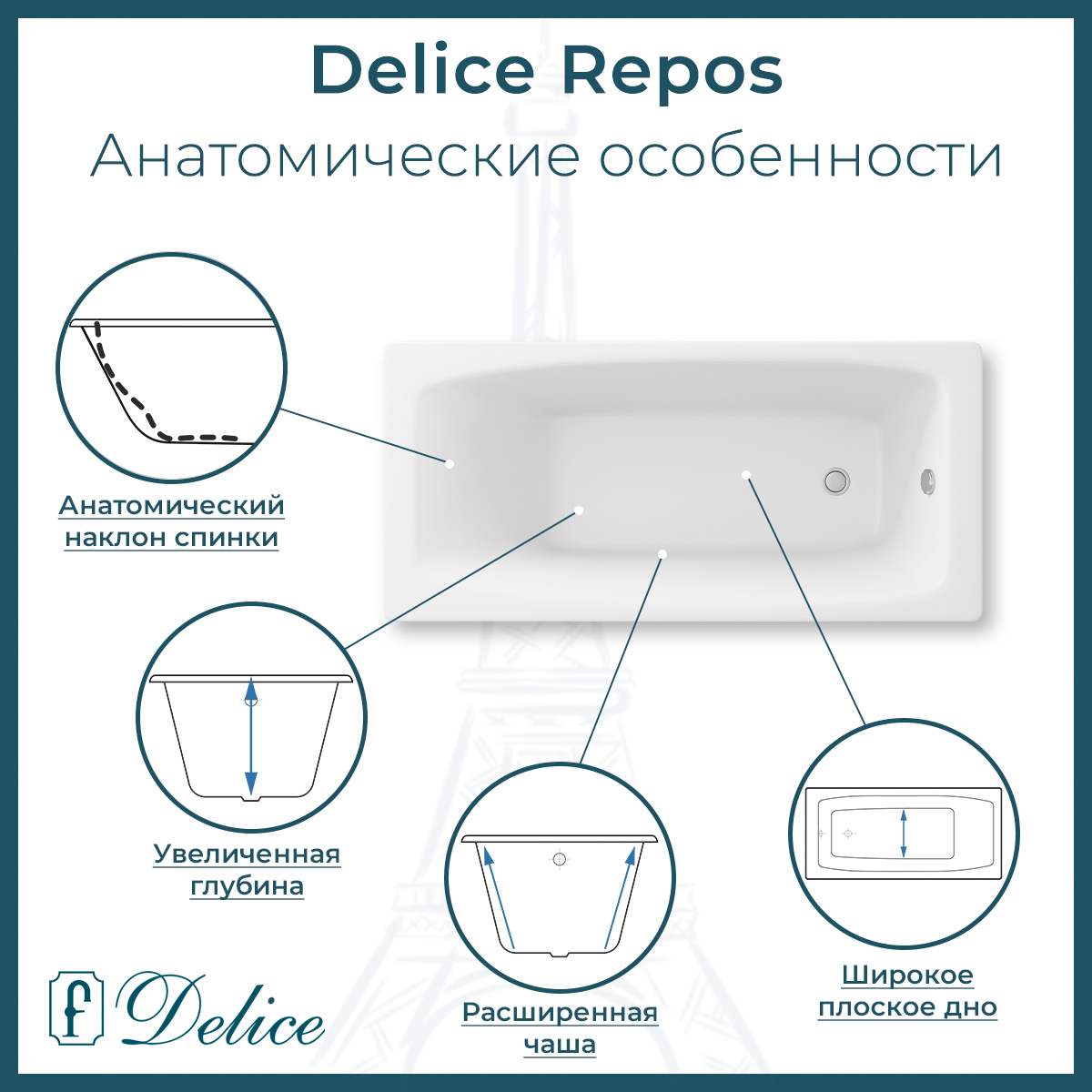 Ванна чугунная Delice Repos 170х70 DLR220508-AS с антискользящим покрытием
