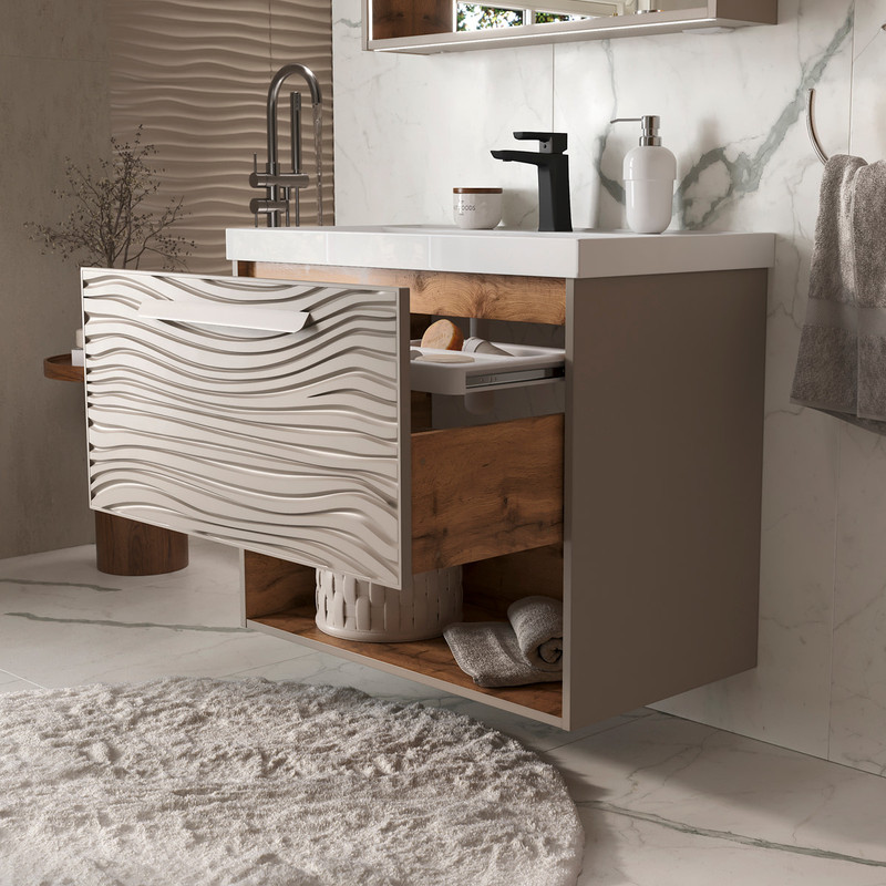 Тумба с раковиной EQUIL Gleam 80 подвесная, один ящик, амарок/дуб вотан