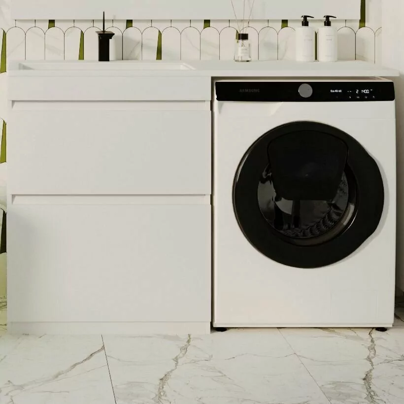 Тумба напольная Style Line Даллас 130 Люкс Plus ПВХ с раковиной Даллас 130 под стиральную машину, два ящика, левая, белая