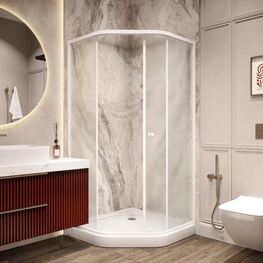 Душевой уголок Parly ZEP91FR пятиугольный, с низким поддоном, матовое стекло, белый