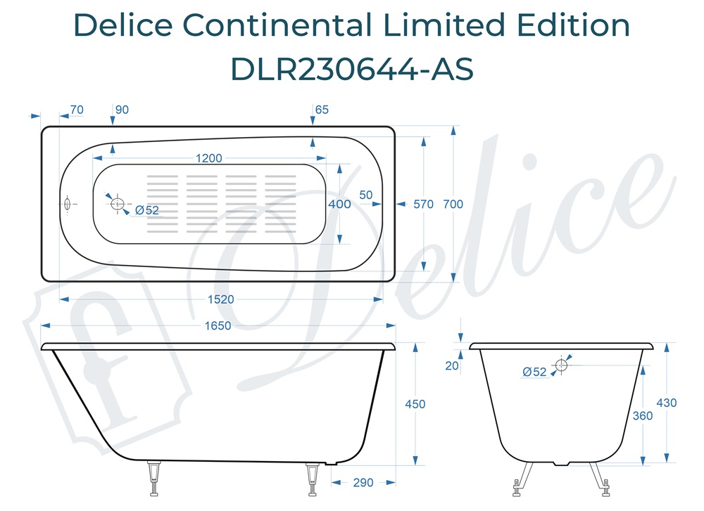 Ванна чугунная Delice Continental Limited Edition 165х70 DLR230644-AS с антискользящим покрытием