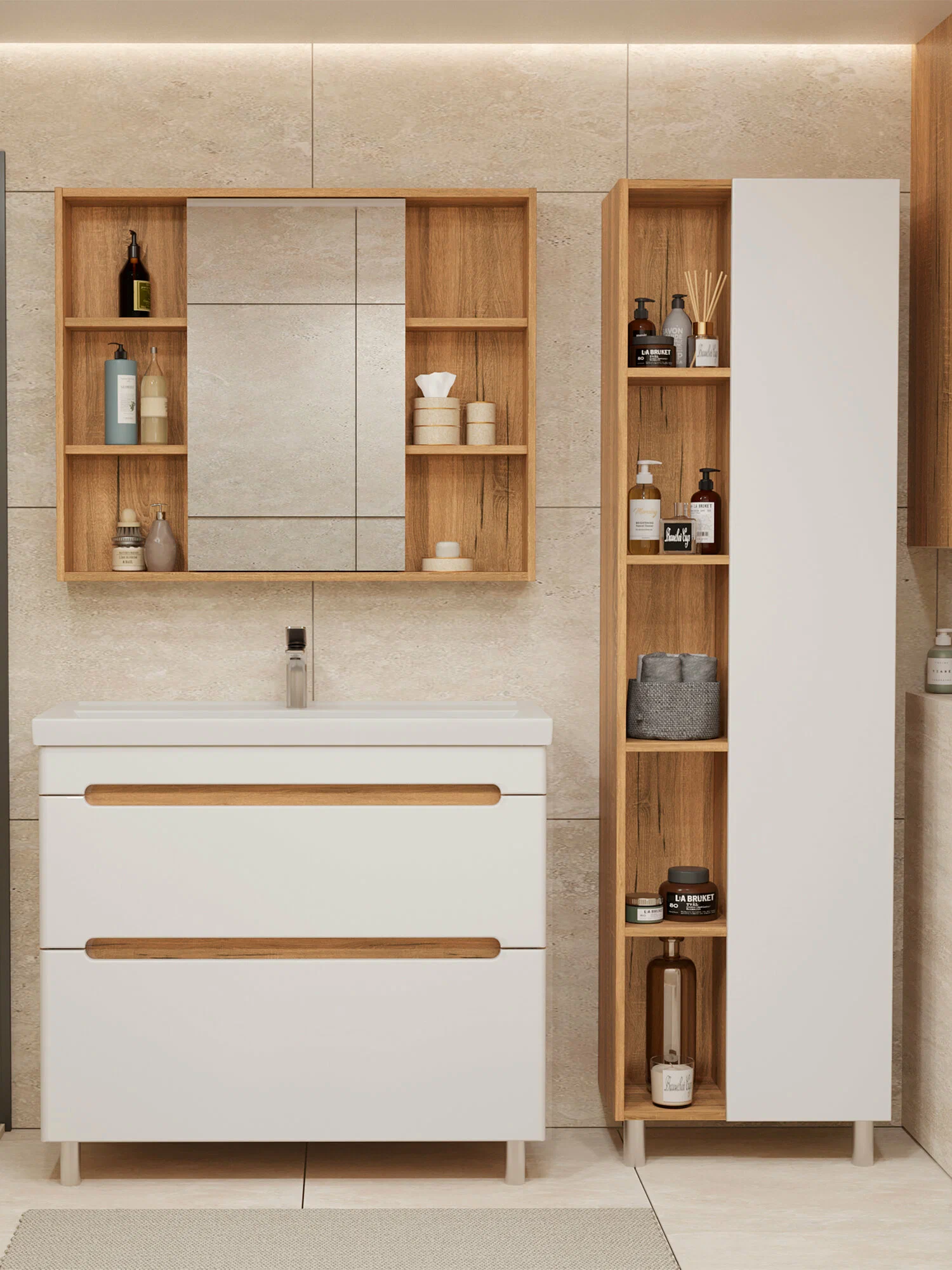 Тумба напольная SanStar Diva 100 с раковиной Фостер 100 белая, дуб вотан