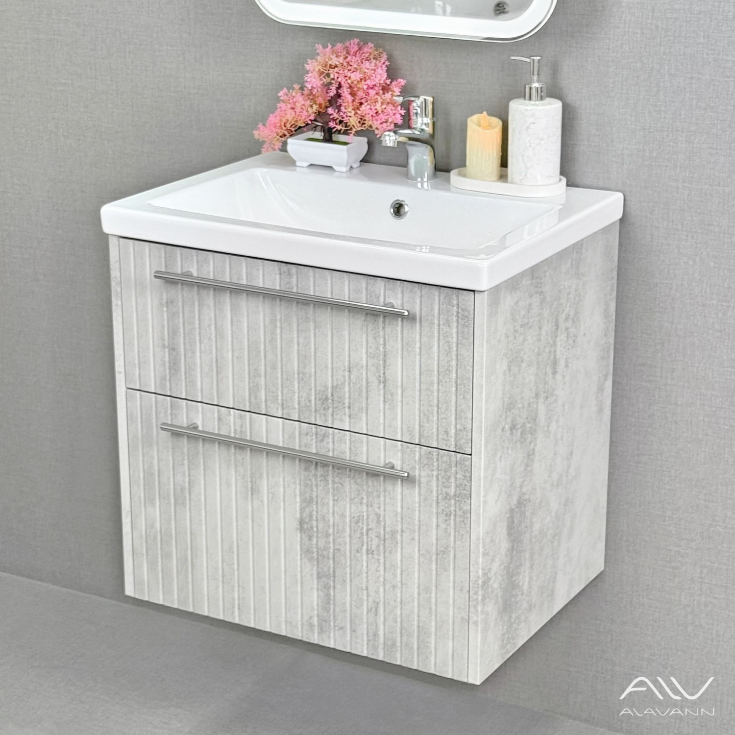 Тумба подвесная Alavann Emma 60 с раковиной Como 60, серый бетон