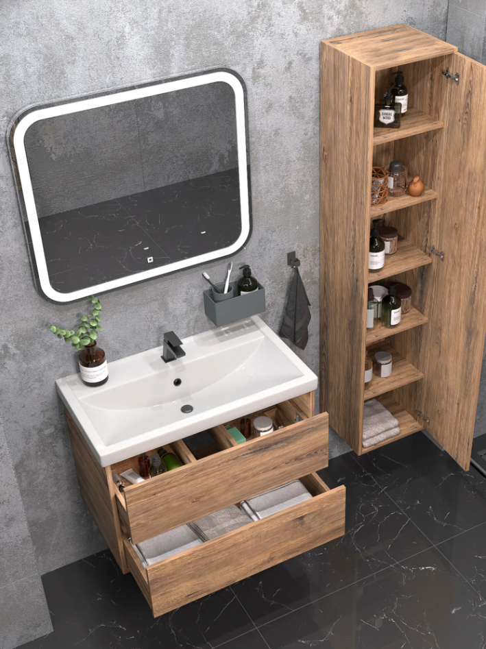 Тумба подвесная SanStar Siva 70 с раковиной Como 70 Дуб веллингтон табак