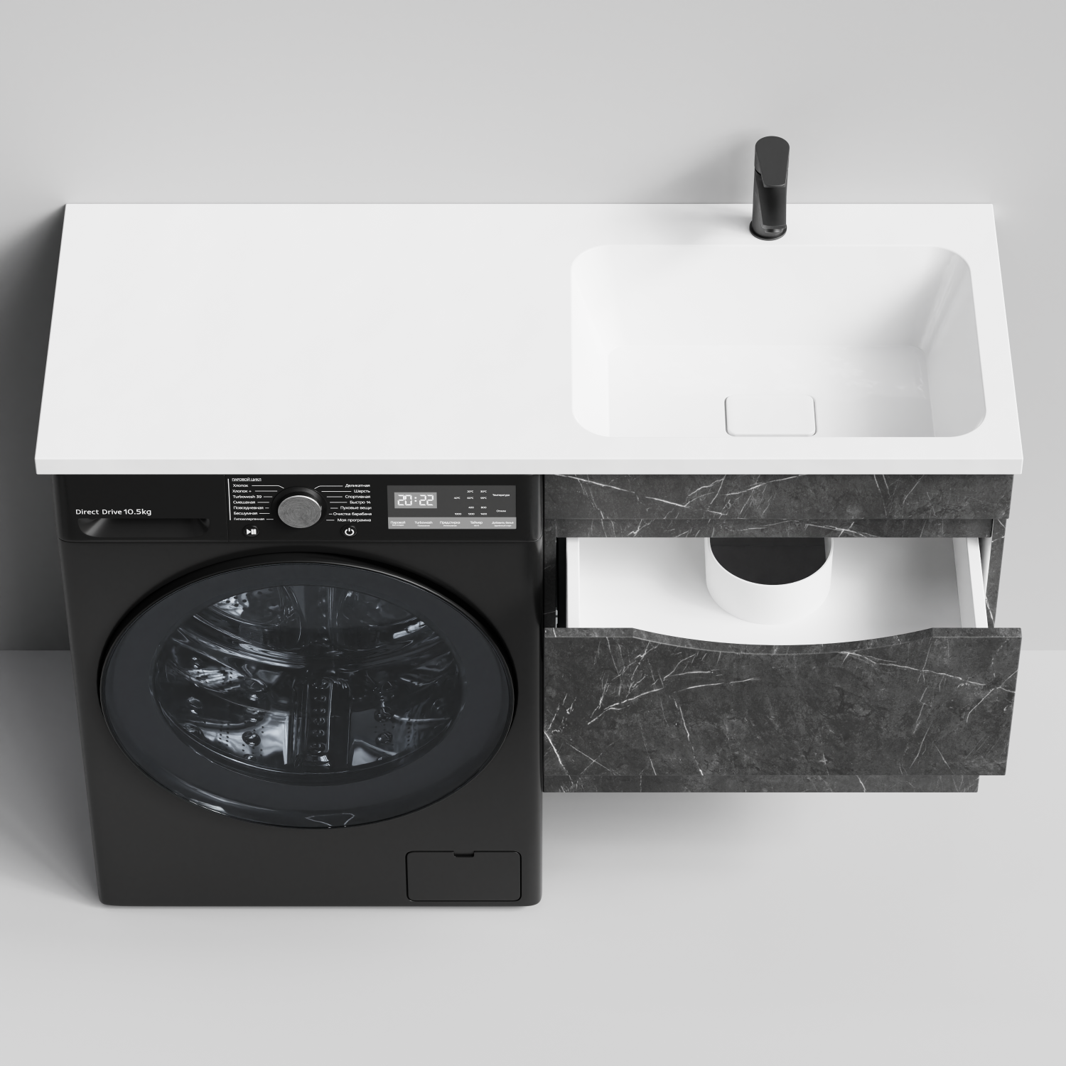 Тумба Vod-ok 58 с раковиной Смайл 120 подвесная, под стиральную машину, правая, Мрамор Графит софт тач
