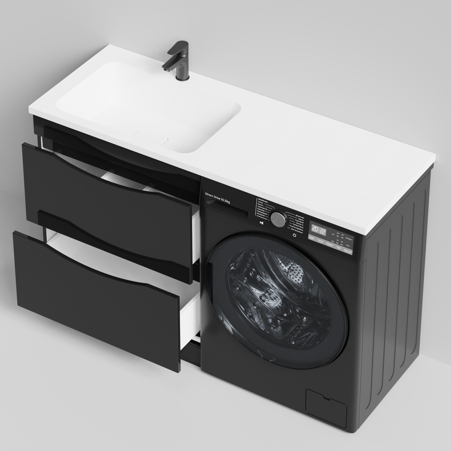 Тумба Vod-ok 68 с раковиной Смайл 130 напольная, под стиральную машину, левая, черный глянец