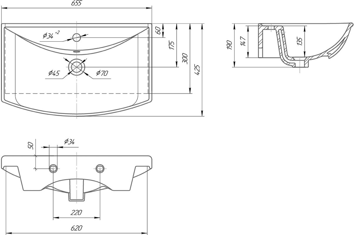 Тумба напольная SanStar Bianca 65 с раковиной Стиль 65, белая