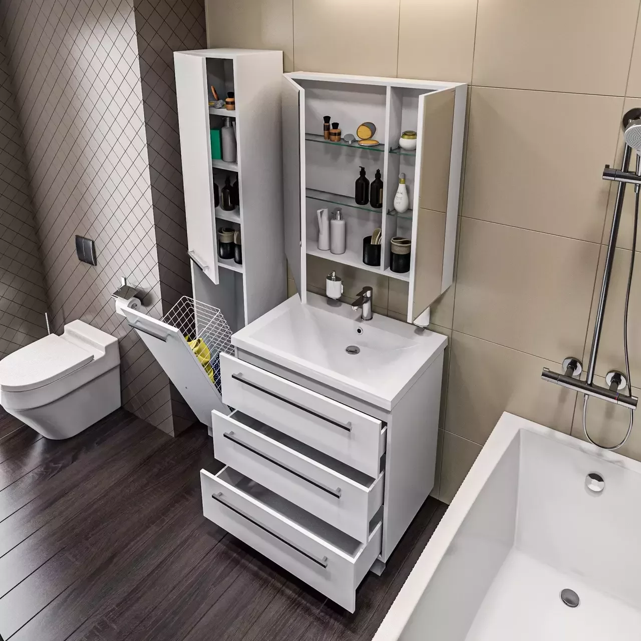 Тумба напольная 1Marka Соната 75Н с раковиной Нота New Polytitan 75, 3 ящика, белый