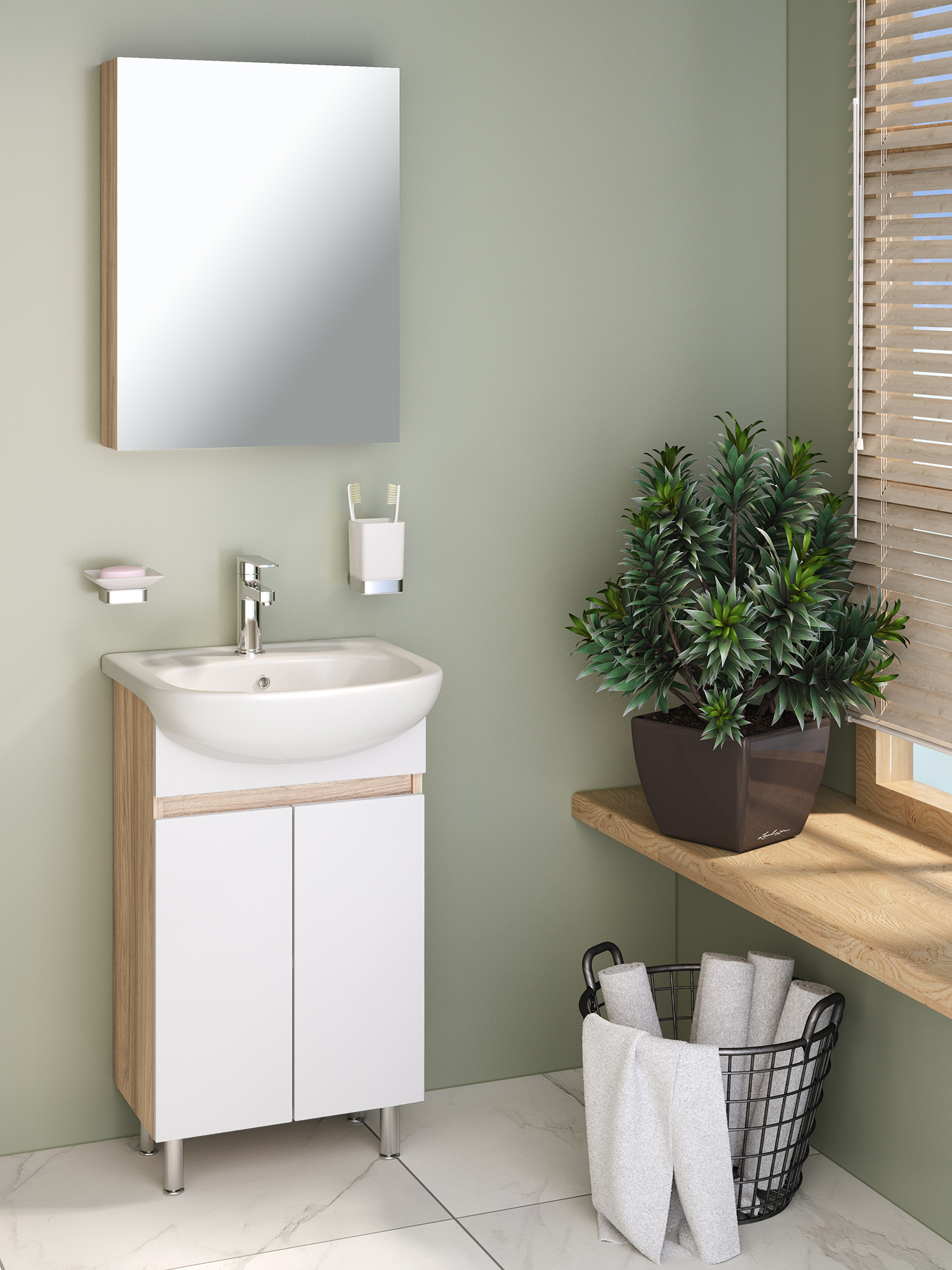 Тумба напольная Runo Лада 50 с раковиной Уют 50, белый/блэквуд