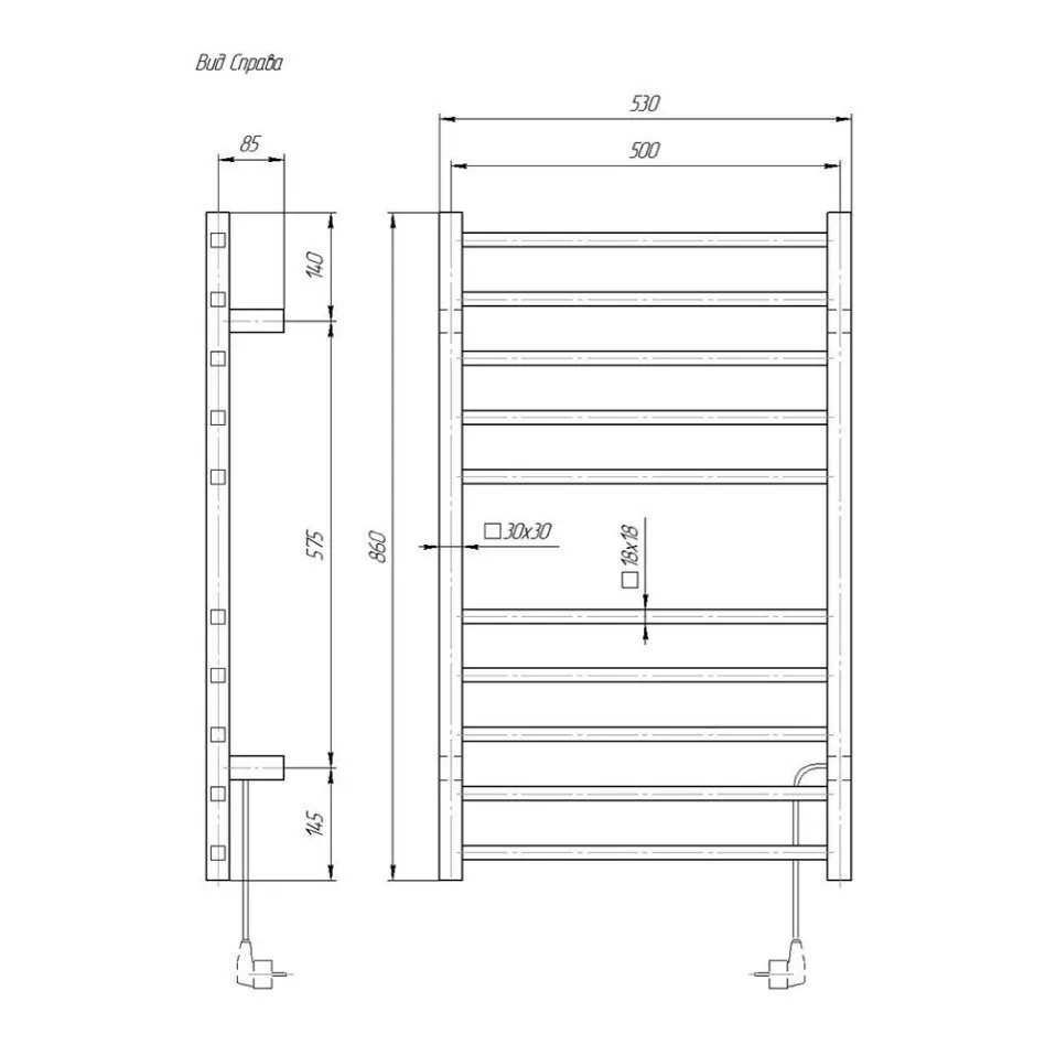 Полотенцесушитель электрический Квадро Domoterm 109-S П10 53х86 BOX R правый, хром