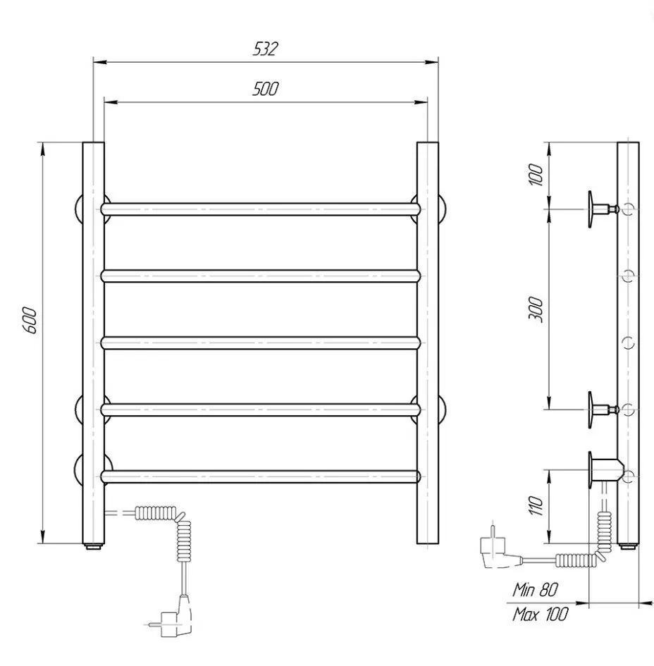 Полотенцесушитель электрический Domoterm Аврора DMT 109-5 50х60 EK L левый, черный матовый