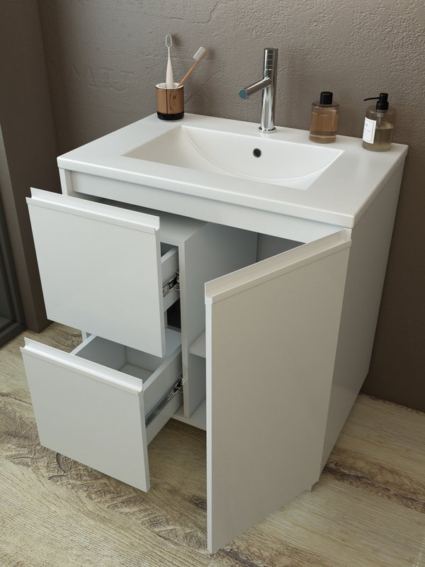 Тумба с раковиной Emmy Вега 70 напольная, 2 ящика, 1 дверь, белый