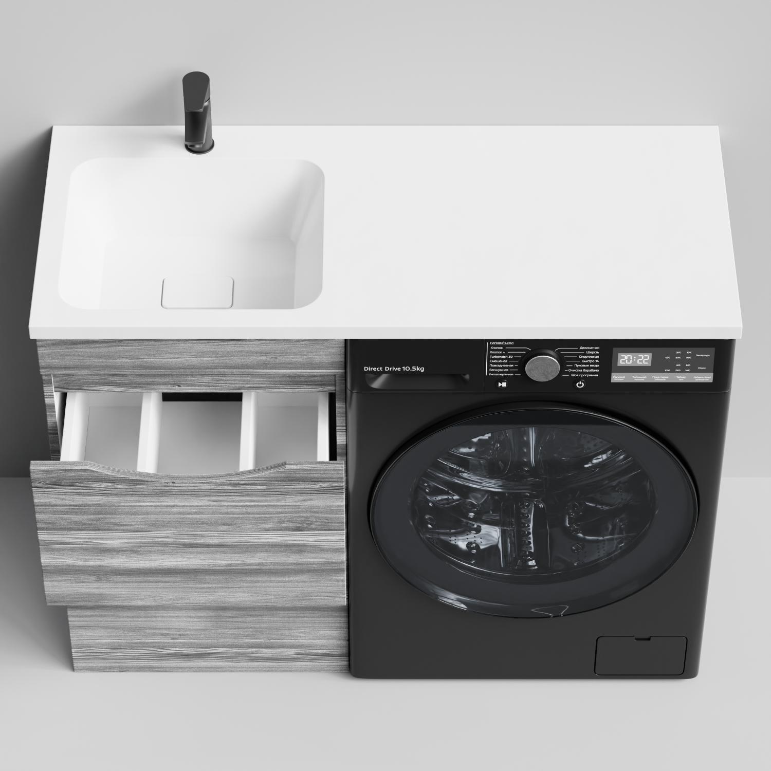 Тумба Vod-ok 48 с раковиной Смайл 110 напольная, под стиральную машину, левая, Лиственница структурная контрастно-серая