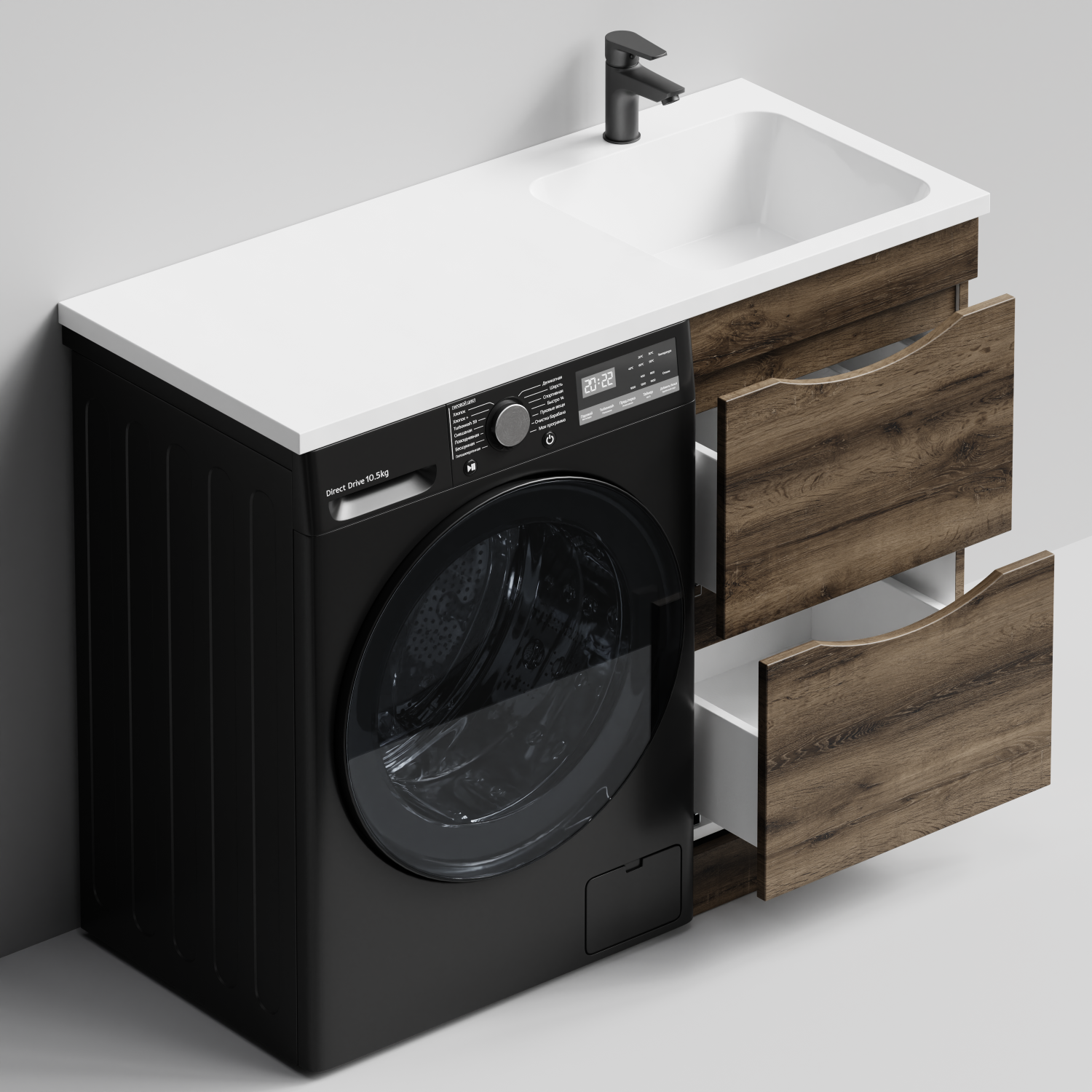 Тумба Vod-ok 48 с раковиной Смайл 110 напольная, под стиральную машину, правая, Дуб крымский коричневый