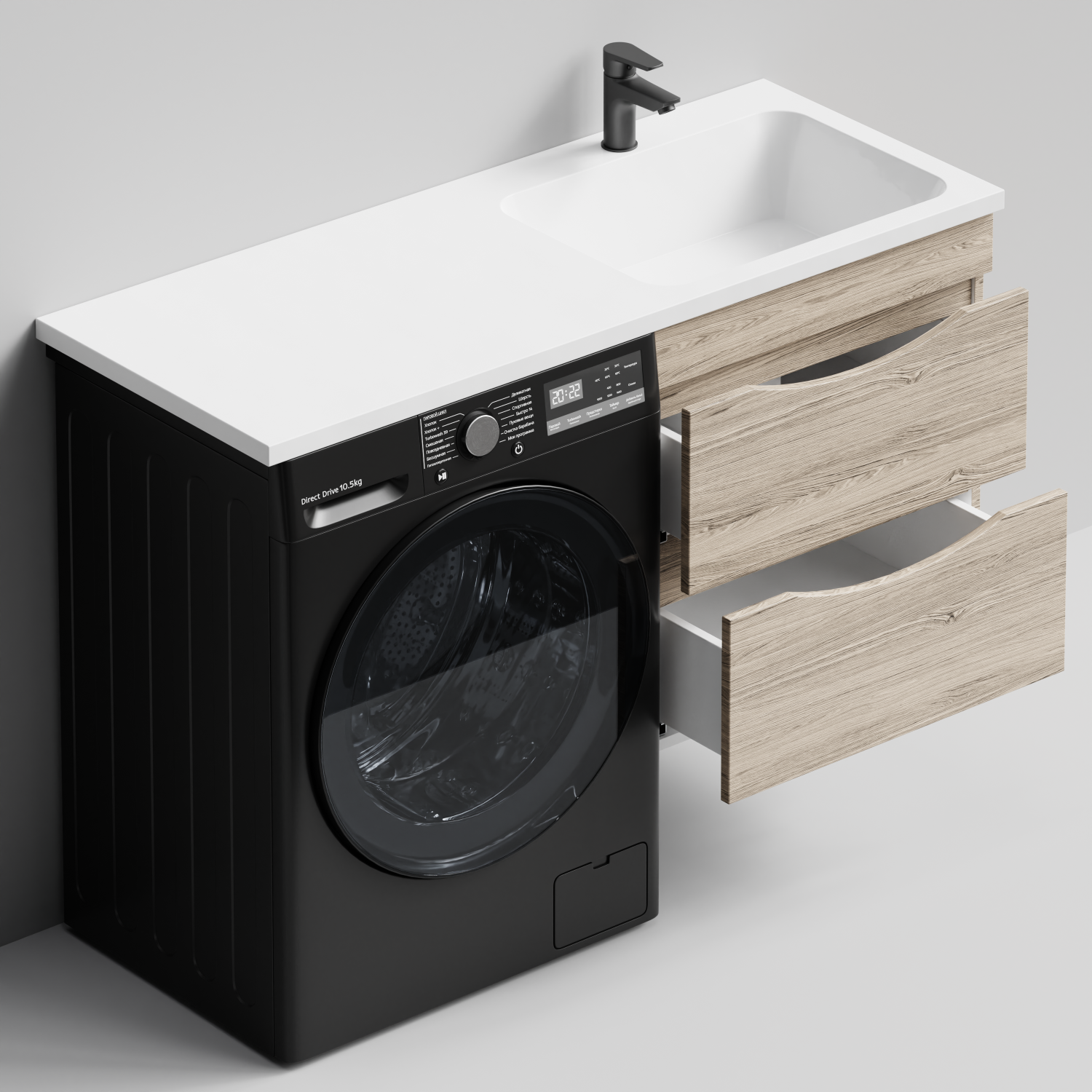 Тумба Vod-ok 58 с раковиной Смайл 120 подвесная, под стиральную машину, правая, Дубослив ореховый светлый