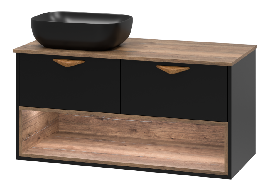 Тумба с раковиной Brevita Bergen 105 с подсветкой подвесная, черный/дуб галифакс