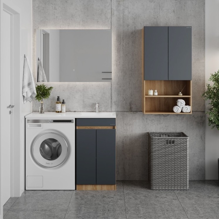 Тумба напольная Onika Милтон Нова 48 с раковиной Марсал 110 под стиральную машину, правая, серая/дуб сонома