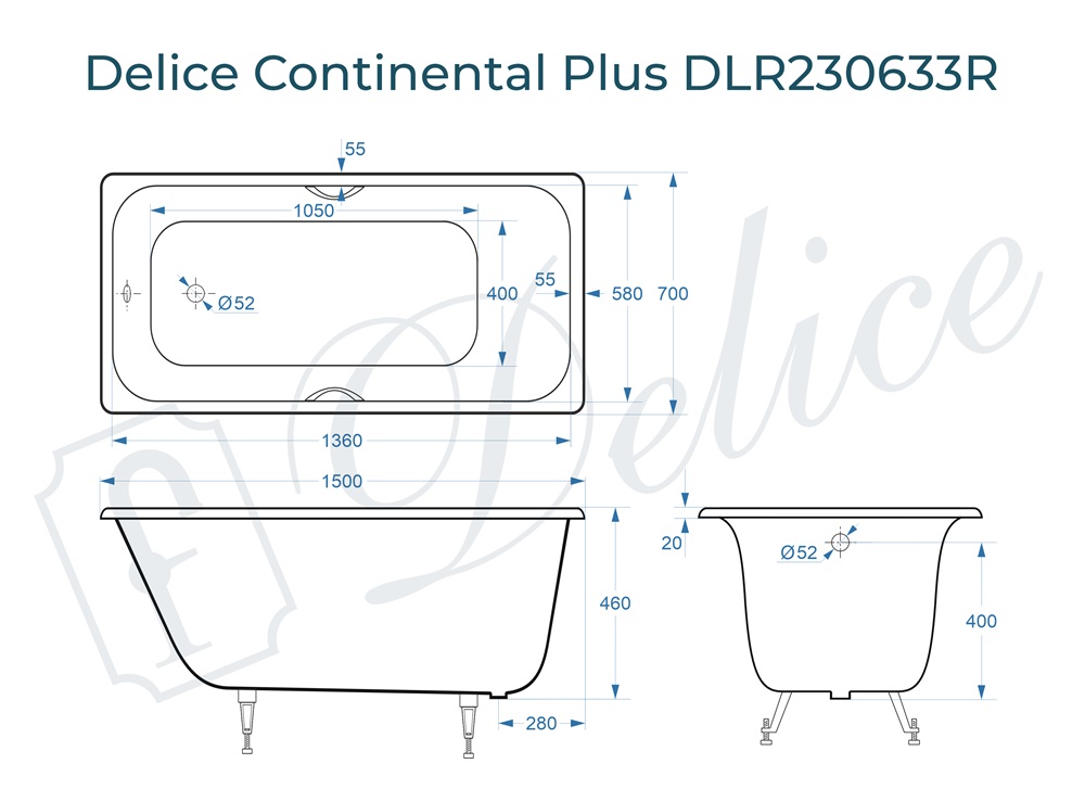 Ванна чугунная Delice Continental PLUS 150х70 DLR230633R с отверстиями под ручки