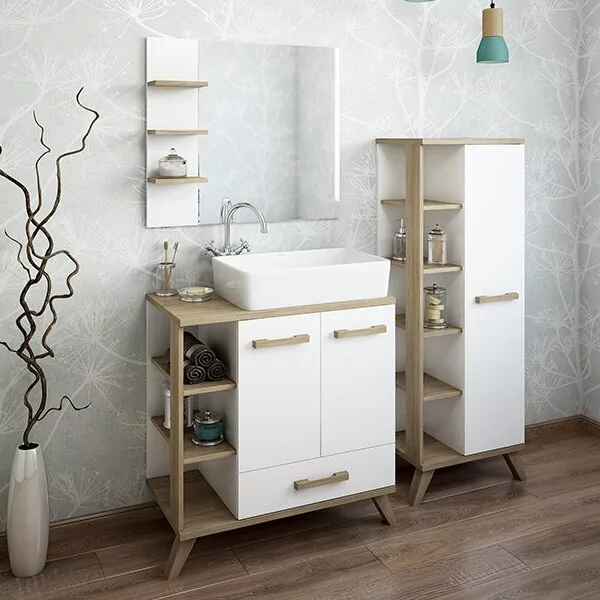 Пенал Sanflor Ингрид 50 R напольный, с открытой полкой, белый матовый, швейцарский вяз