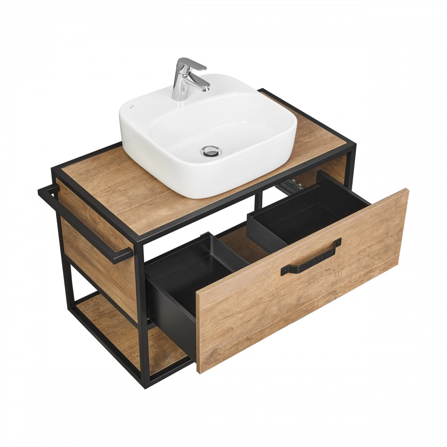 Тумба подвесная Aquaton Лофт Фабрик 80 с раковиной Одри 42х42 Soft, дуб кантри