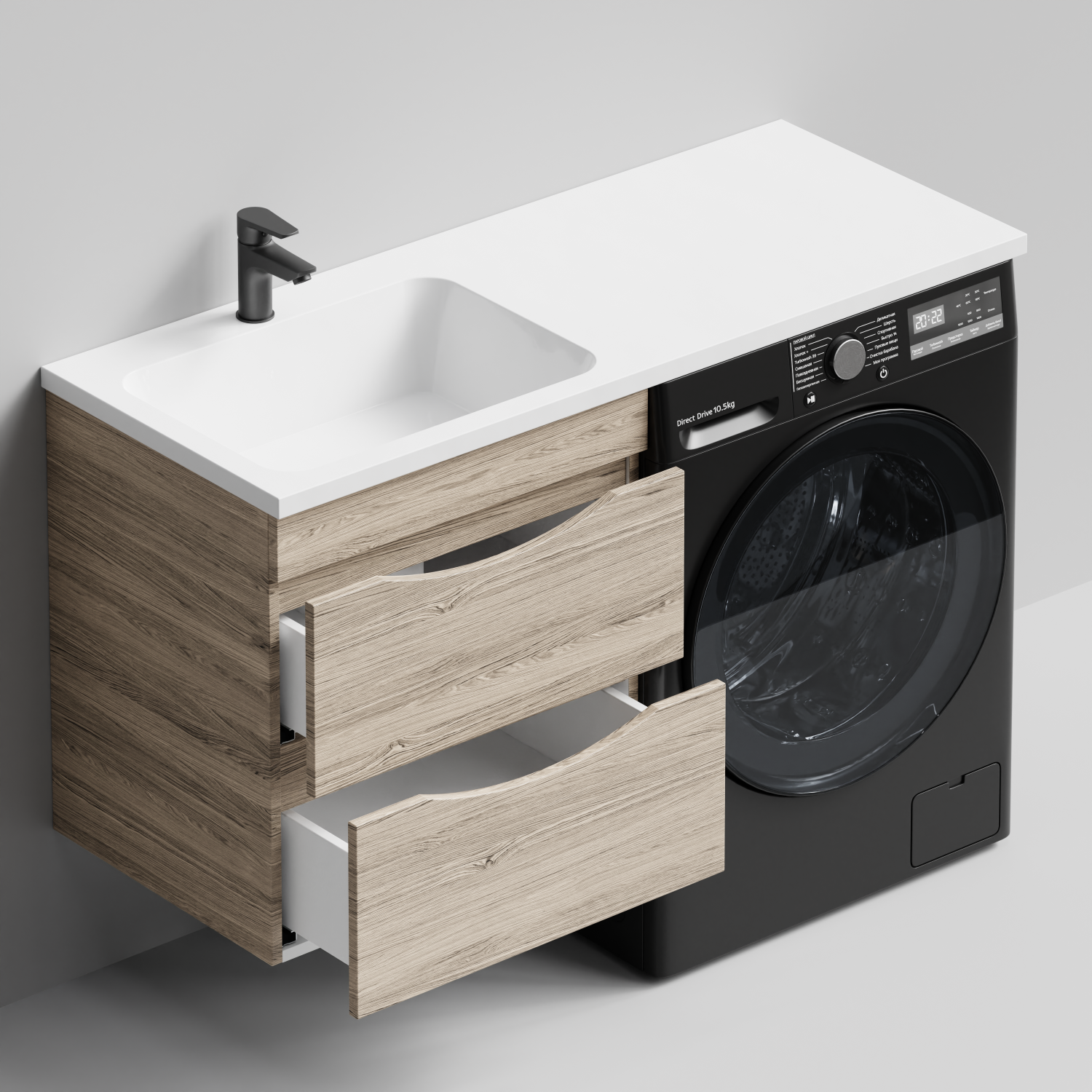 Тумба Vod-ok 58 с раковиной Смайл 120 подвесная, под стиральную машину, левая, Дубослив ореховый светлый