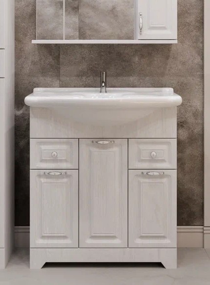 Тумба напольная Stella Polar Кармела 75 с раковиной Эльбрус 75, 2 ящ, 3 двери, Люкс белое серебро