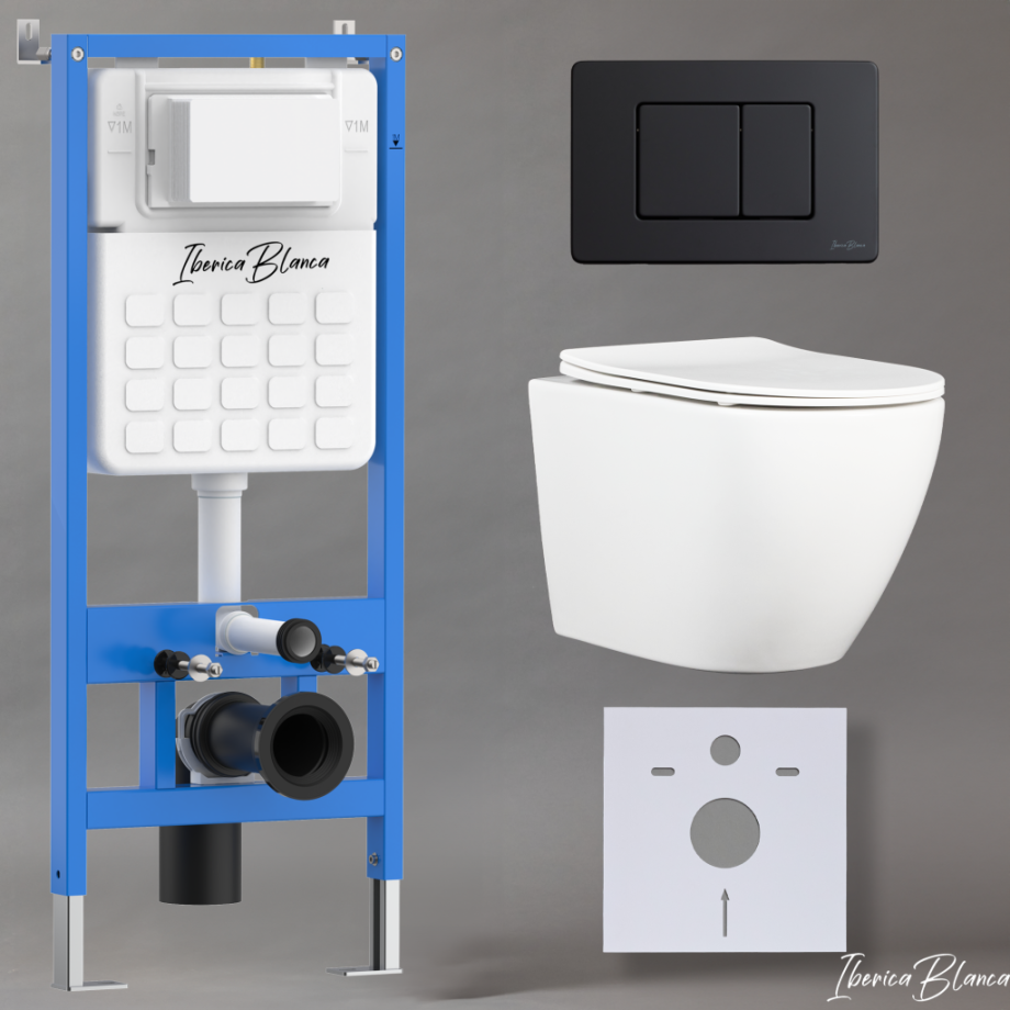 Комплект 3в1 IBERICA BLANCA инсталляция SILENCIO, унитаз BILBAO ALTO белый, кнопка смыва INOX-C черный матовый (IB001.BLA.234.112)