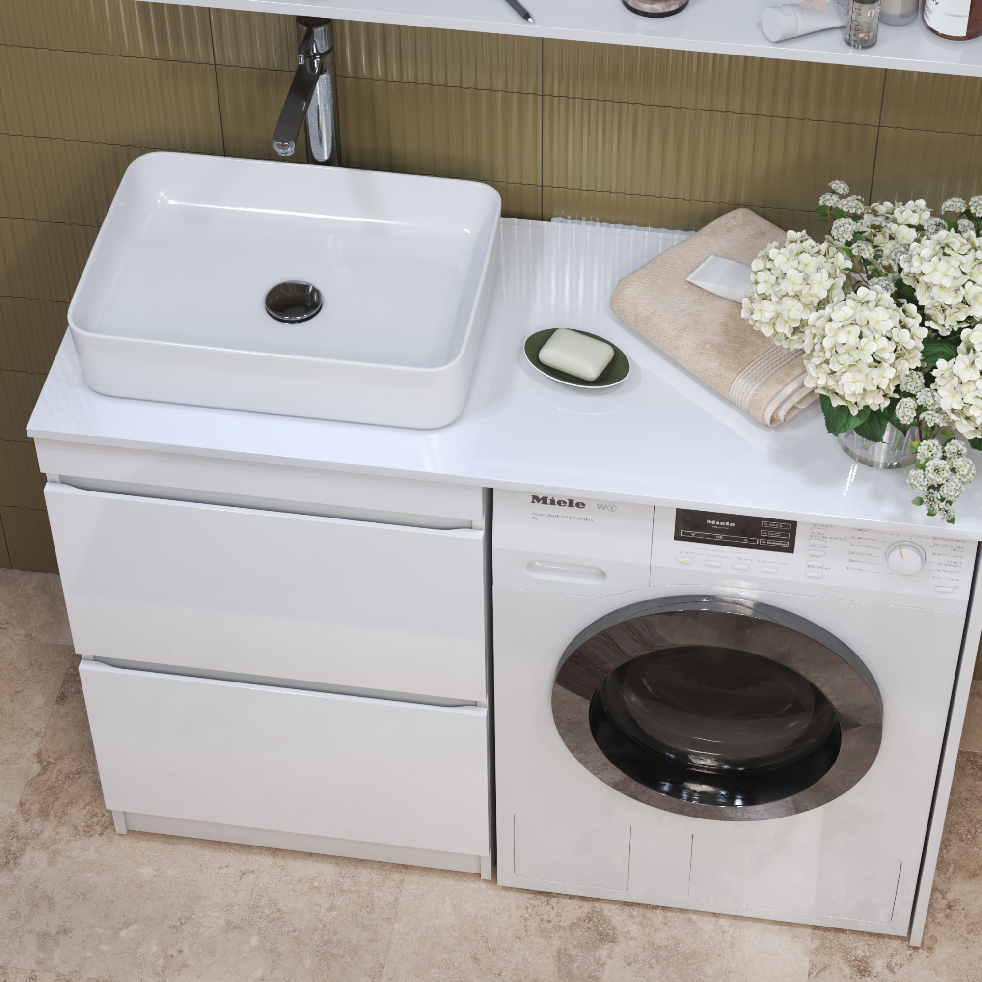 Тумба со столешницей Urban 60 и раковиной Urban, L левая, 2 ящика, под стиральную машину, белая
