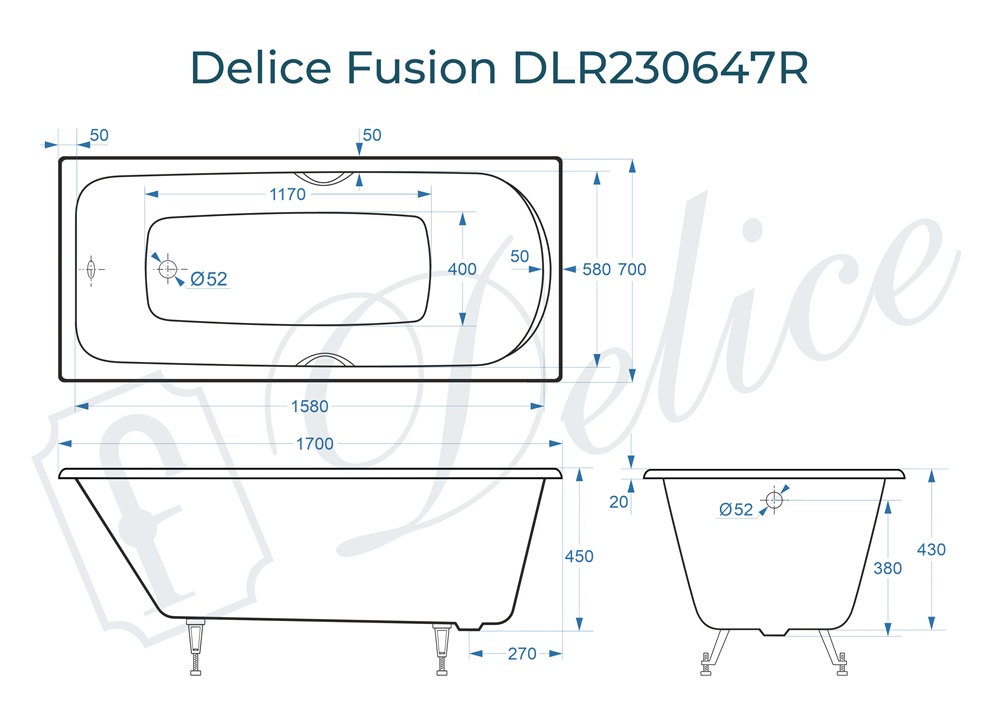 Ванна чугунная Delice Fusion 170х70 с отверстиями под ручки DLR230647R