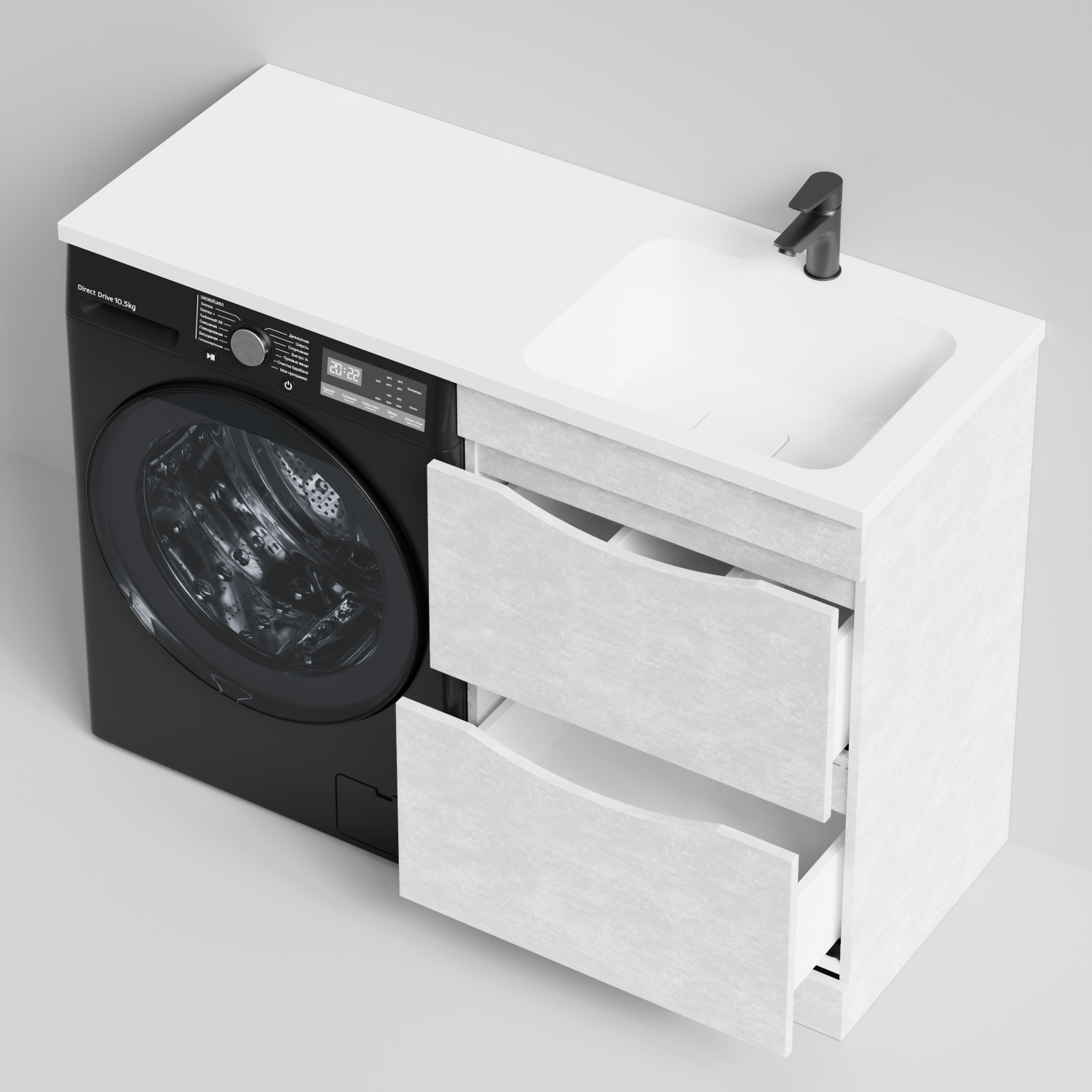Тумба Vod-ok 58 с раковиной Смайл 120 напольная, под стиральную машину, правая, Белый камень